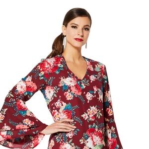 IMAN Burgundy Floral Bell Sleeve Blouse